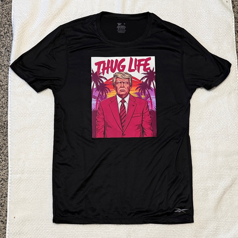 Custom Designed “Donald Trump” Black Reebok Graphic Tee with Pink Design NWOT